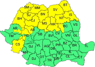 Arad: Cod galben de ploi torențiale și instabilitate atmosferică accentuată și vânt puternic, în vestul României