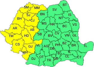 Arad: Cod galben de ploi și instabilitate atmosferică în mai multe județe din România, printre care și în vestul țării