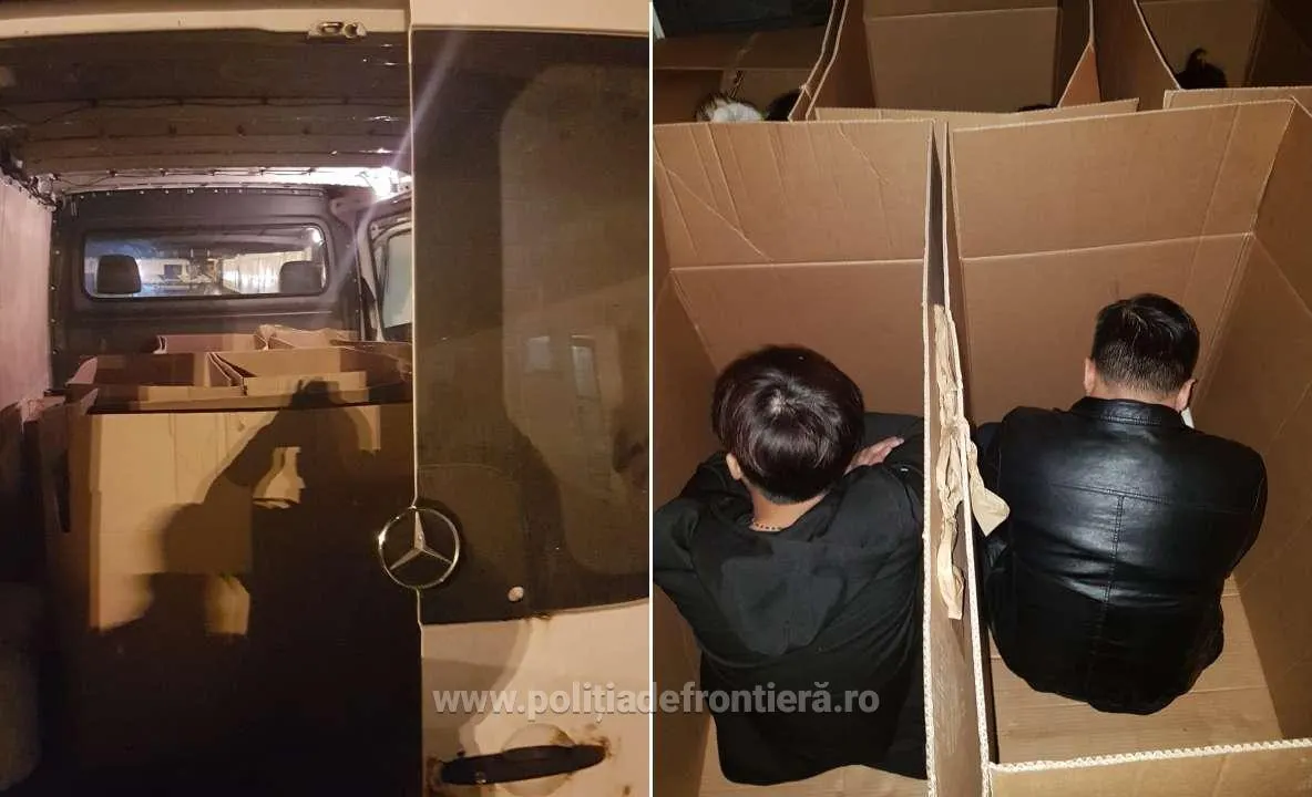 Arad: FOTO VIDEO Migranți în cutii de carton lipite cu bandă adezivă, descoperiți la frontiera de pe autostrada Nădlac-Arad