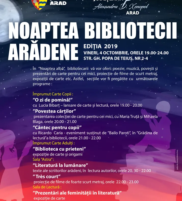 Arad: Noaptea Albă a Bibliotecii Județene din Arad. Instituția e deschisă până la ora 24.00. PROGRAM COMPLET