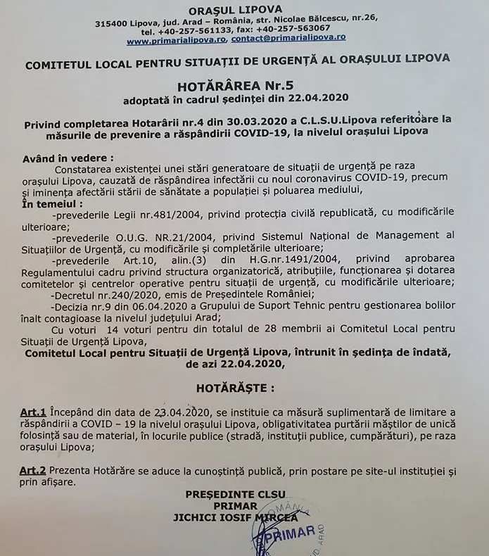 Arad: Purtararea măștii de protecție în spațiul public, obligatorie în orașul Lipova, din județul Arad. Nu se spune nimic despre sancțiuni