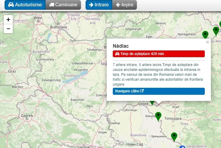 Arad: Aglomerație la frontiera cu Ungaria: la Nădlac 1 se așteaptă 7 ore la intrarea în România și 5 ore la ieșire. Cozile de mașini se întind pe mai mulți kilometri