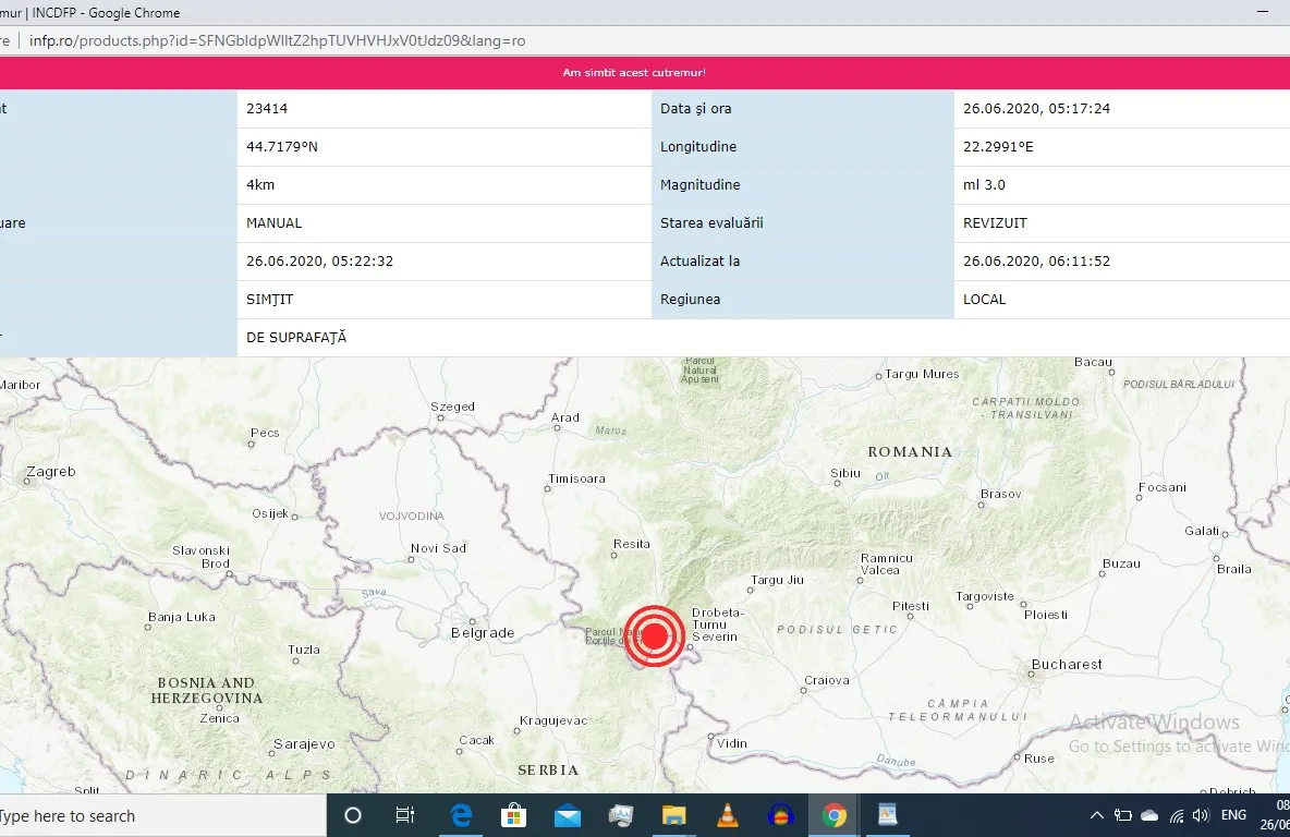 Arad: Cutremur cu magnitudinea 3 grade pe Richter, la 180 de km de Arad