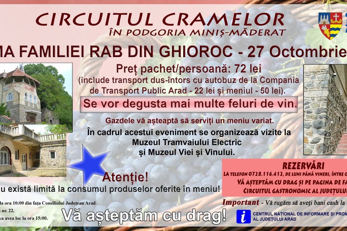 Arad: Circuitul Cramelor continuă, sâmbătă, în Podgoria Aradului, la Crama Familiei Rab. Ce cuprinde pogramul