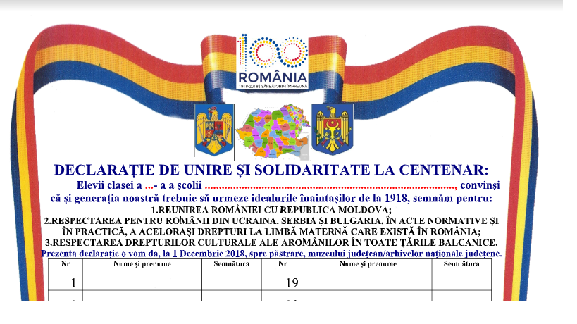 Arad: Elevi și cadre didactice din peste 1.000 de școli din România au semnat câte o declarație pentru unirea Republicii Moldova și drepturi pentru românii din Ucraina, Serbia de Răsărit, Bulgaria și Balcani