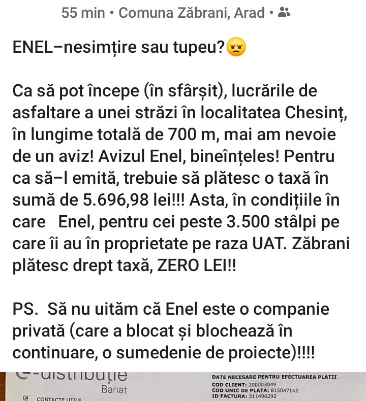 Arad: Compania ENEL, reacție după ce un primar din județul Arad s-a declarat "revoltat" de costurile mari ale avizelor. "Sunt reglementate de legislatie"