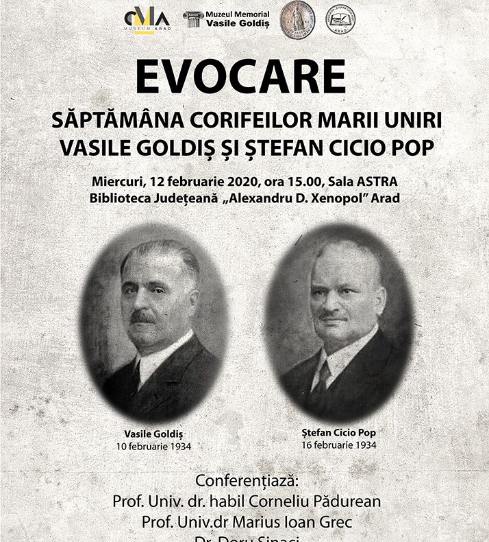 Arad: "Săptămâna Corifeilor Marii Uniri" și proiecția filmului "Funeraliile lui Vasile Goldiș", miercuri la Biblioteca Județeană A.D. Xenopol din Arad