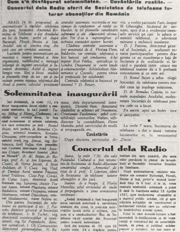Arad: 83 de ani de la inagurarea noi centrale telefonice automate din Arad. Era a 5a din țară. Cum a decurs manifestarea