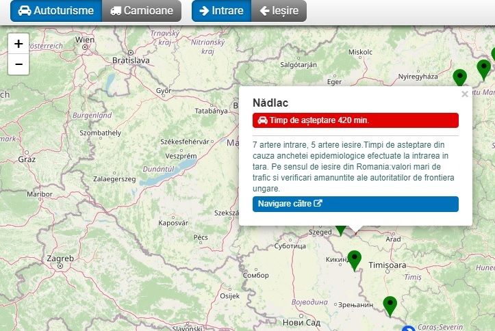 Arad: Aglomerație la frontiera cu Ungaria: la Nădlac 1 se așteaptă 7 ore la intrarea în România și 5 ore la ieșire. Cozile de mașini se întind pe mai mulți kilometri