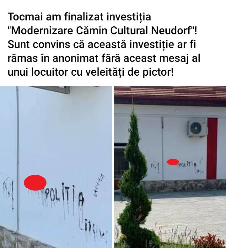 Arad: AUDIO Mai multe injurii, printre care și la adresa poliției, mâzgălite pe pereții unui cămin cultural din județul Arad, după renovarea acestuia cu 150.000 de euro