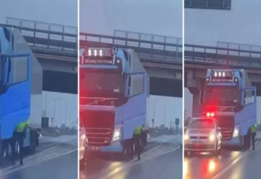 VIDEO șocant în jud. Arad, polițist surprins când amenința cu pistolul un șofer de TIR