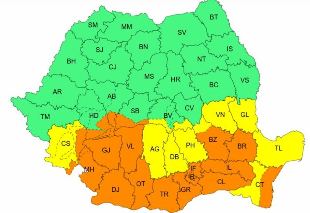 ANM: ALERTE COD GALBEN ȘI COD PORTOCALIU DE VÂNT PUTERNIC ȘI PLOI ÎN 13 JUDEȚE